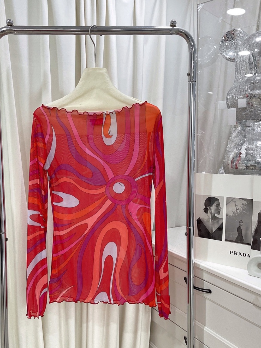 Emilio Pucci Red, Pink and Orange Abstract Swirl Mesh Top